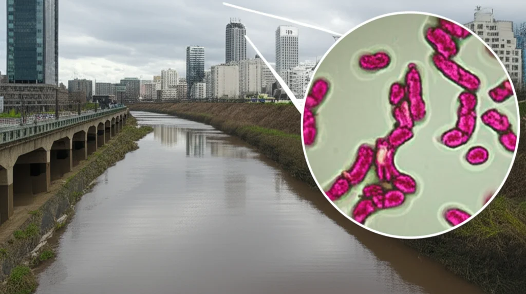 Paesaggio grandangolare, lenti da 15 mm, che mostra un fiume urbano leggermente inquinato che scorre attraverso una città, giustapposto con una bolla di inserto per la vista microscopica che mostra colonie di batteri colorate (Bacillus e Comamonas) attivamente precelando i minerali intorno a loro, simboleggiando la biorisedio in azione, focus acuto, sottile illuminazione naturale.