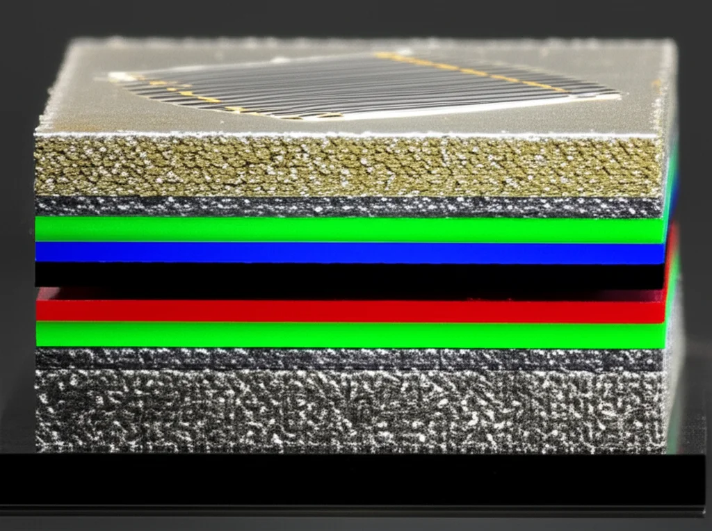 Primo piano macro, lente 100mm, di una cella solare a perovskite MAPbI3 funzionante sotto luce solare simulata. Evidenziare la struttura a strati (ETL, perovskite, HTL) con dettagli cristallini nitidi e illuminazione controllata che mostra visivamente il percorso degli elettroni e delle lacune verso i rispettivi strati di trasporto. High detail, precise focusing, controlled lighting.