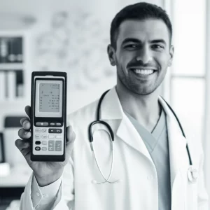 Un medico sorridente che tiene in mano un moderno dispositivo per il test dell'apnea del sonno domiciliare, con uno sfondo sfocato di un ufficio medico high-tech. Prime lens, 50mm, depth of field, duotone blu e grigio, per un look professionale e innovativo.