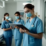 Un team di infermieri collabora in un pronto soccorso moderno e luminoso, utilizzando tablet e schermi con dati predittivi, obiettivo prime 35mm, profondità di campo, colori vivaci ma professionali per trasmettere efficienza e tecnologia.