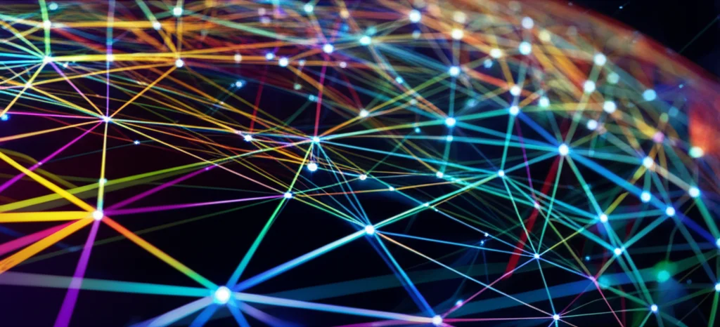 Una visualizzazione astratta di reti di dati interconnesse che simboleggiano la condivisione delle informazioni nella ricerca scientifica, con colori vivaci e linee luminose. Wide-angle, 10mm, sharp focus, long exposure.