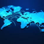 A stylized world map with glowing interconnected lines representing global cyber conflicts, viewed from a slightly elevated angle. Prime lens, 35mm, depth of field, duotone, dark blue and vibrant cyan, emphasizing the global reach and digital nature of these conflicts.