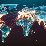 Fotografia panoramica, grandangolo 14mm, che mostra una mappa stilizzata del mondo con le rotte della Belt and Road Initiative illuminate, sovrapposta a grafici astratti sulla salute globale, colori caldi e freddi in duotono (blu e arancio), messa a fuoco nitida sulla mappa.
