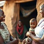 Fotografia realistica di una assistente sanitaria comunitaria zambiana sorridente che parla con una madre e il suo bambino fuori da una semplice abitazione in un villaggio rurale dello Zambia. Scena toccante che illustra l'assistenza sanitaria di base e la fiducia. Obiettivo da ritratto 35mm, profondità di campo, luce naturale calda del tardo pomeriggio.