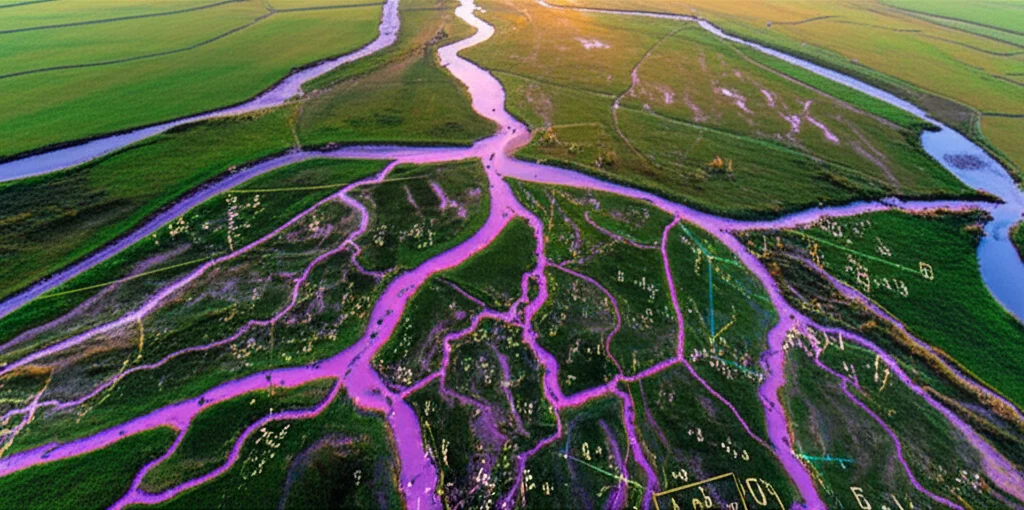 Immagine concettuale che fonde un paesaggio naturale complesso, come una rete fluviale vista dall'alto, con sovrapposizioni di formule matematiche frattali luminose, rappresentando l'applicazione del calcolo frazionario alla modellazione di fenomeni reali. Obiettivo grandangolare 24mm, messa a fuoco nitida su tutta la scena, luce del tardo pomeriggio.