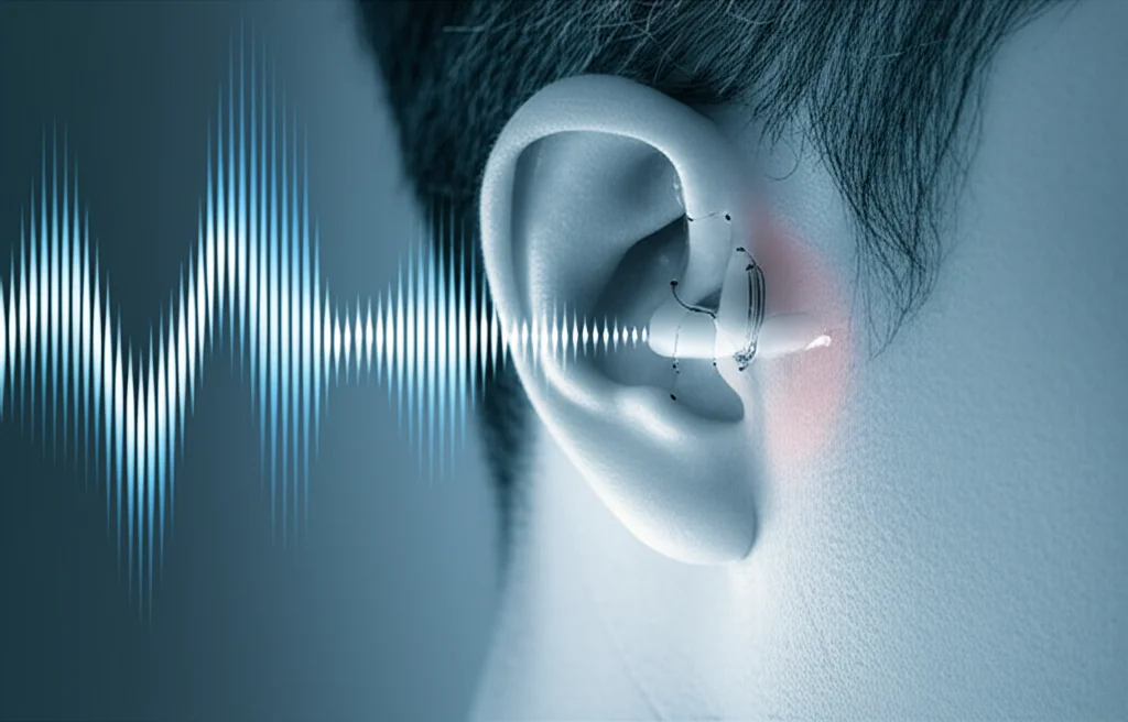 Immagine concettuale che rappresenta la malattia di Behçet e l'ipoacusia neurosensoriale. Primo piano di un orecchio umano con onde sonore stilizzate che si affievoliscono entrando nel condotto uditivo, su uno sfondo astratto con elementi grafici che richiamano l'infiammazione sistemica (vasi sanguigni rossi stilizzati). Illuminazione controllata, obiettivo macro da 90mm per dettaglio sull'orecchio, colori duotone blu e grigio per un'atmosfera clinica ma evocativa, profondità di campo.