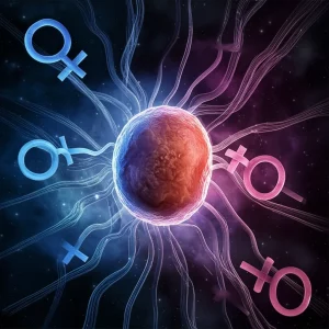 Immagine concettuale fotorealistica che mostra una placenta stilizzata ma dettagliata al centro, con filamenti luminosi simili a DNA che si irradiano da essa collegandosi a simboli maschili (blu) e femminili (rosa) posti su lati opposti. Obiettivo grandangolare 24mm per una vista ampia e inclusiva, lunga esposizione simulata per creare scie luminose dinamiche dai filamenti, messa a fuoco nitida sulla placenta, sfondo scuro e suggestivo con nebulose cosmiche per rappresentare l'origine della vita.