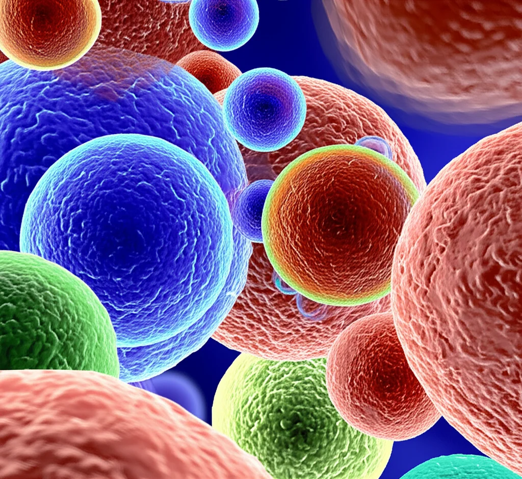 Immagine concettuale fotorealistica dell'immunoterapia del cancro potenziata da PVTX-405: una visualizzazione 3D di cellule T immunitarie (blu elettrico, brillanti) che attaccano aggressivamente cellule tumorali (rosse scure, opache) all'interno di un microambiente complesso. La molecola PVTX-405 è rappresentata come piccole particelle dorate che facilitano l'attacco indebolendo le cellule T regolatorie (verde pallido, in dissolvenza). Lente prime 35mm, profondità di campo accentuata, illuminazione drammatica con contrasti forti.