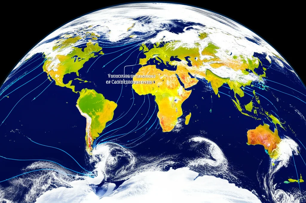 Immagine fotorealistica dell'Antartide vista dallo spazio, con aree di ghiaccio marino visibilmente ridotte e una rappresentazione grafica sovrapposta che illustra lo spostamento verso sud della Cella di Ferrel e il trasporto di correnti calde. Wide-angle, 10-24mm, sharp focus, con colori vividi per il continente e l'oceano, e frecce stilizzate per i fenomeni atmosferici.