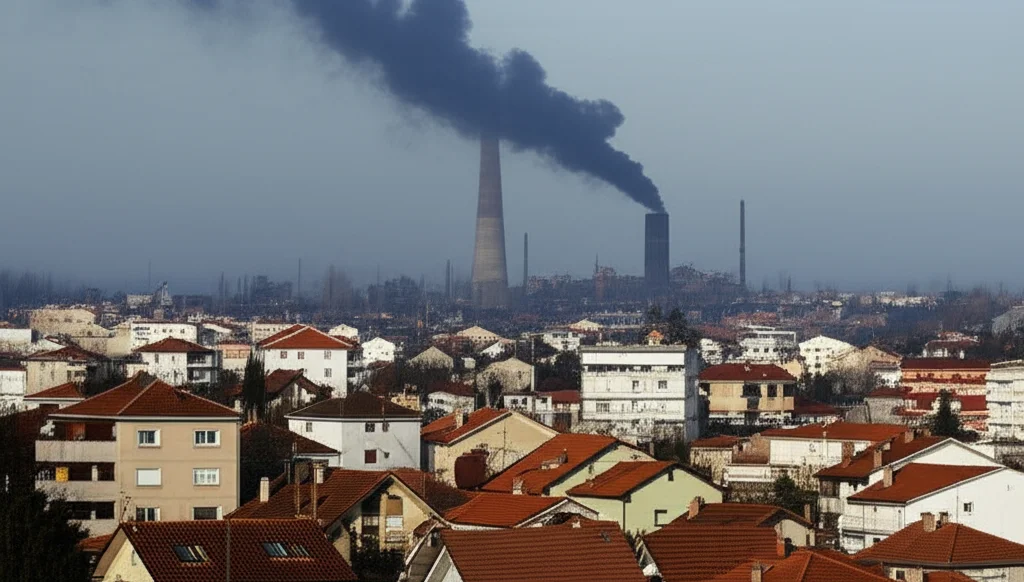 Immagine fotorealistica di un'area residenziale vicino a un sito industriale da cui si leva ancora un filo di fumo scuro, simbolo dell'impatto psicologico persistente di un incendio. Obiettivo grandangolare, 10-24mm, per catturare l'ampiezza della scena e il contrasto tra case e industria, messa a fuoco nitida.