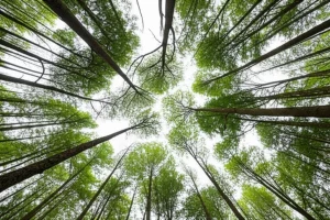 Landscape wide angle 10mm shot of a diverse forest canopy under a slightly hazy sky, symbolizing the global scale and atmospheric interactions of forestation's climate effects.