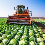 Photorealistic image of a self-propelled Chinese cabbage harvester working in a sunny field, wide-angle lens, 10mm focal length, sharp focus, capturing the scale of the operation.