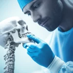 Portrait photography, 35mm prime lens, a thoughtful maxillofacial surgeon examining a 3D model of a human jaw with a condylar fracture, depth of field, duotone (cool blue and grey) to create a serious, analytical atmosphere, highlighting the complexity of treatment decisions.