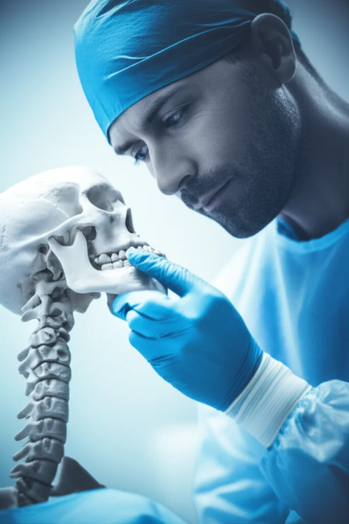 Portrait photography, 35mm prime lens, a thoughtful maxillofacial surgeon examining a 3D model of a human jaw with a condylar fracture, depth of field, duotone (cool blue and grey) to create a serious, analytical atmosphere, highlighting the complexity of treatment decisions.