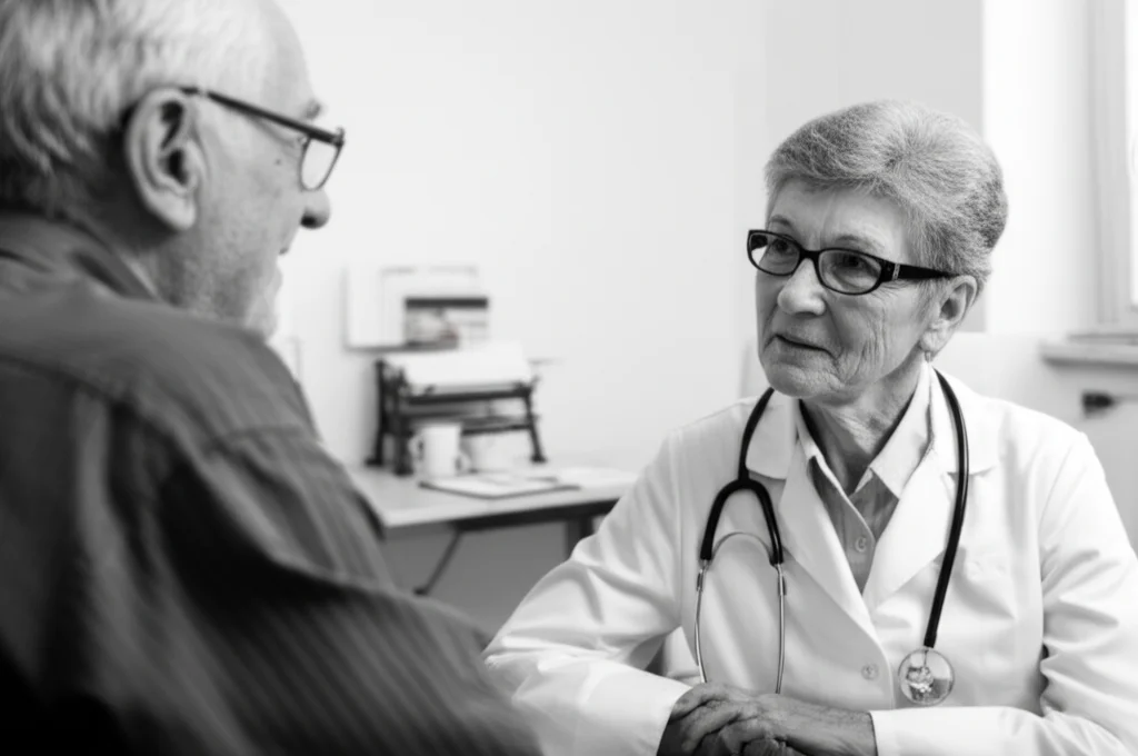Ritratto intenso di un medico geriatra donna con occhiali che parla con empatia a un paziente anziano seduto di fronte a lei in uno studio medico accogliente, obiettivo 50mm, profondità di campo ridotta per focalizzare sui volti, illuminazione calda e morbida, bianco e nero.