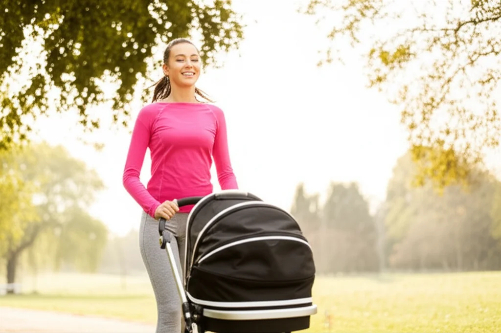 Una madre sorridente e sicura di sé che fa jogging in un parco spingendo un passeggino, con il sole del mattino che filtra tra gli alberi. Prime lens, 35mm, depth of field, colori caldi e luminosi.