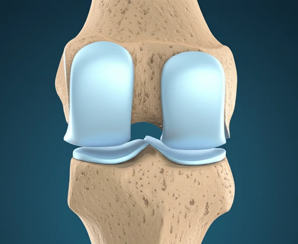 Visualizzazione 3D dettagliata dell'articolazione del ginocchio umano, con enfasi sul menisco mediale e sulle sue radici posteriori. L'immagine dovrebbe evidenziare i condili femorali e il piatto tibiale, con un'illuminazione da studio che accentua le texture e le forme anatomiche. Obiettivo macro 100mm, alta definizione, messa a fuoco precisa.
