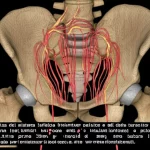 Visualizzazione 3D fotorealistica del sistema linfatico addomino-pelvico e del dotto toracico ottenuta tramite risonanza magnetica NMRTD, che mostra dilatazione dei vasi linfatici (strutture tubulari luminose) e potenziale sito di perdita chilosa nell'area riproduttiva femminile. Obiettivo prime 35mm, profondità di campo per isolare il sistema linfatico, illuminazione drammatica laterale per evidenziare le strutture tridimensionali.