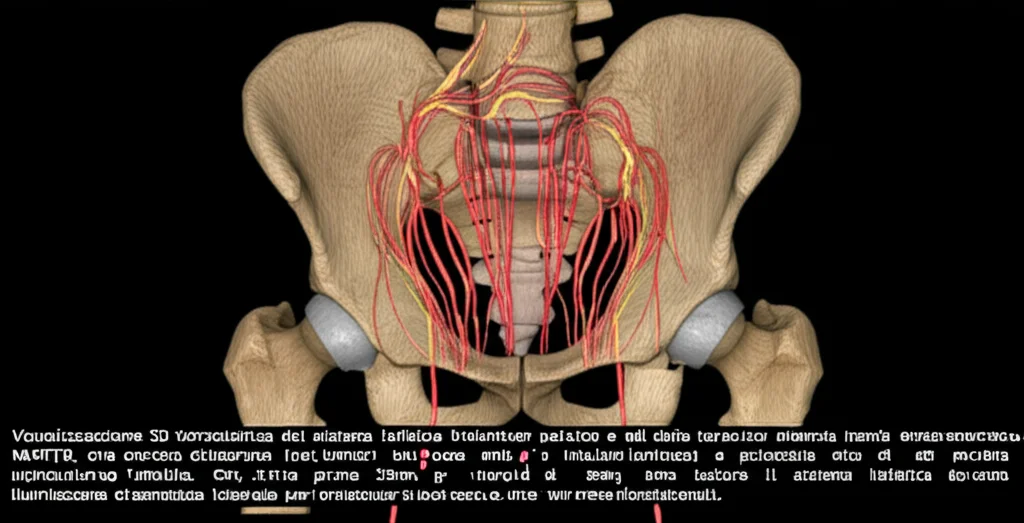 Visualizzazione 3D fotorealistica del sistema linfatico addomino-pelvico e del dotto toracico ottenuta tramite risonanza magnetica NMRTD, che mostra dilatazione dei vasi linfatici (strutture tubulari luminose) e potenziale sito di perdita chilosa nell'area riproduttiva femminile. Obiettivo prime 35mm, profondità di campo per isolare il sistema linfatico, illuminazione drammatica laterale per evidenziare le strutture tridimensionali.