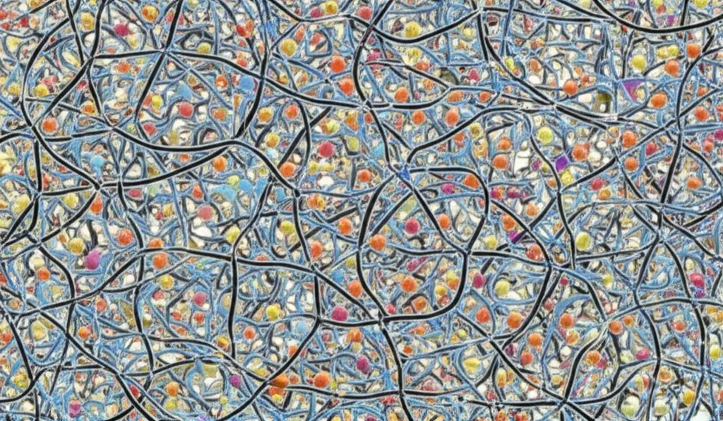 Visualizzazione artistica 3D di nanotubi di carbonio modificati con fluorosilano (strutture tubolari scure con molecole attaccate) che si intrecciano e formano percorsi conduttivi all'interno di una matrice polimerica traslucida mista PVDF/PMMA (rappresentata da sfere interconnesse di due colori diversi, a indicare la separazione di fase). Illuminazione suggestiva che evidenzia i percorsi conduttivi. Stile fotorealistico, alta definizione.
