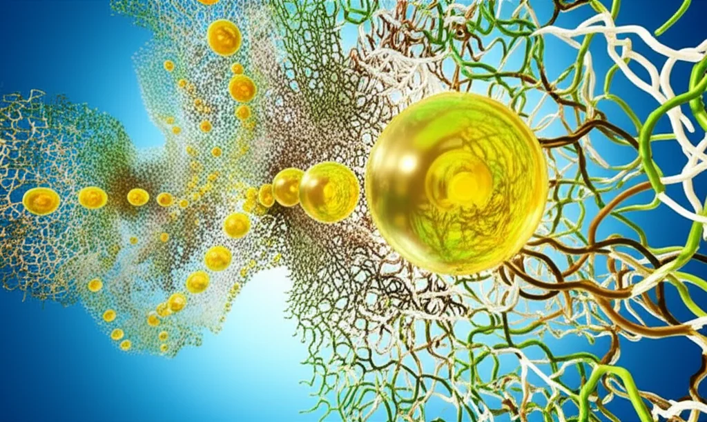 Visualizzazione artistica di una nanoemulsione: sfere microscopiche luminose di olio omega-3 (giallo dorato) incapsulate da una rete intrecciata di molecole di proteine del latte (bianche) e acidi fenolici (verdi/marroni) fluttuanti in una fase acquosa bluastra, stile macro fotorealistico, illuminazione drammatica che evidenzia le strutture, alta definizione.