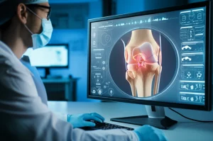 Fotografia di un modello anatomico 3D estremamente dettagliato di un ginocchio umano, visualizzato su uno schermo high-tech in un laboratorio di ricerca, con enfasi sulla zona del legamento crociato posteriore e del tunnel tibiale, lente prime 50mm, profondità di campo ridotta per focalizzare l'attenzione sui dettagli chirurgici, illuminazione da studio che crea un'atmosfera scientifica e precisa.