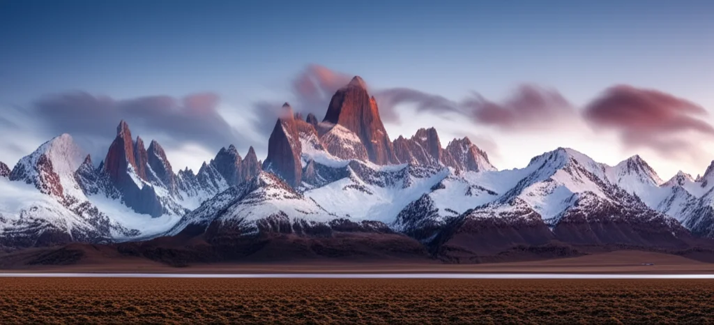 Fotografia panoramica del maestoso arco montuoso del Gangdese nel Tibet meridionale all'alba. Obiettivo grandangolare, lunghezza focale 12mm, lunga esposizione per catturare nuvole soffuse e fuoco nitido sulle cime innevate, trasmettendo la scala immensa e gli antichi processi geologici.