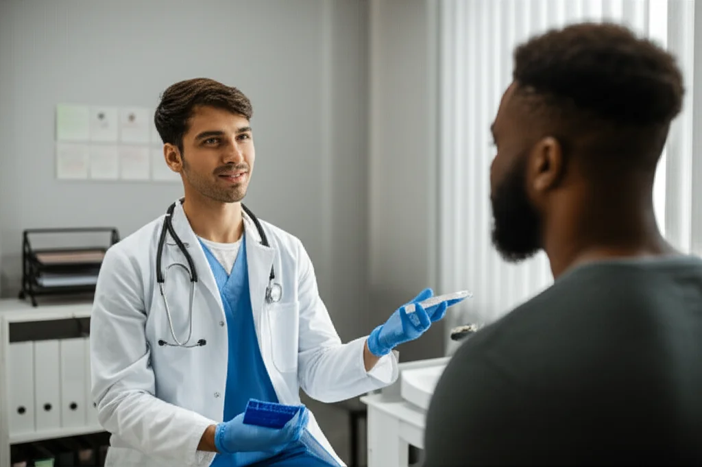 Fotografia realistica di un medico sorridente che spiega le opzioni di screening per il cancro del colon-retto, incluso un kit per il test del DNA fecale, a un paziente afroamericano attento in un ambulatorio luminoso. Obiettivo 50mm, profondità di campo ridotta per focalizzare sui volti, luce calda e accogliente.