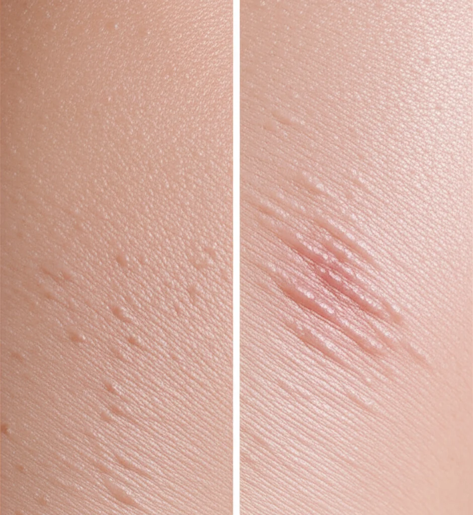 Immagine composita che mostra a sinistra pelle con lesioni psoriasiche evidenti e a destra la stessa area di pelle quasi completamente guarita dopo trattamento biologico. Luce laterale morbida, obiettivo prime 35mm, focus nitido sulla texture della pelle.