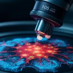Macro lens, 105mm, high detail, precise focusing, controlled lighting of dental pulp stem cells under a microscope.