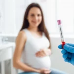Mano di un medico che tiene una provetta di siero sanguigno, con una donna incinta sorridente e serena visibile in secondo piano, leggermente sfocata. Luce naturale soffusa, obiettivo da 50mm, profondità di campo per mettere a fuoco la provetta ma mantenere il contesto umano.