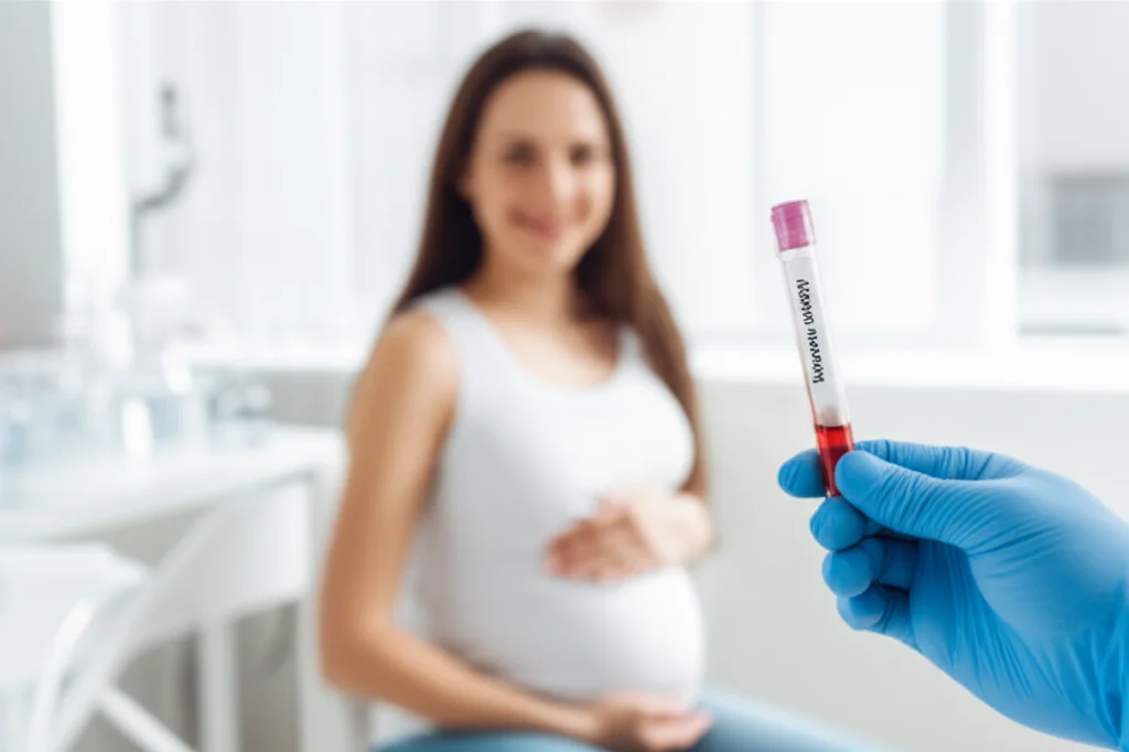 Mano di un medico che tiene una provetta di siero sanguigno, con una donna incinta sorridente e serena visibile in secondo piano, leggermente sfocata. Luce naturale soffusa, obiettivo da 50mm, profondità di campo per mettere a fuoco la provetta ma mantenere il contesto umano.