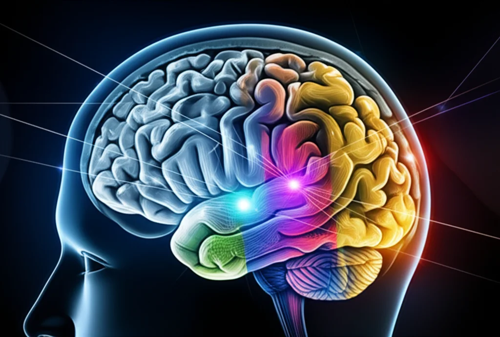 Un cervello umano stilizzato, metà mostrante una dettagliata scansione MRI in bianco e nero e l'altra metà una colorata scansione PET sovrapposte, con linee luminose che indicano la fusione dei dati. Obiettivo prime 35mm, profondità di campo, illuminazione da studio per massima chiarezza, fotorealistico.