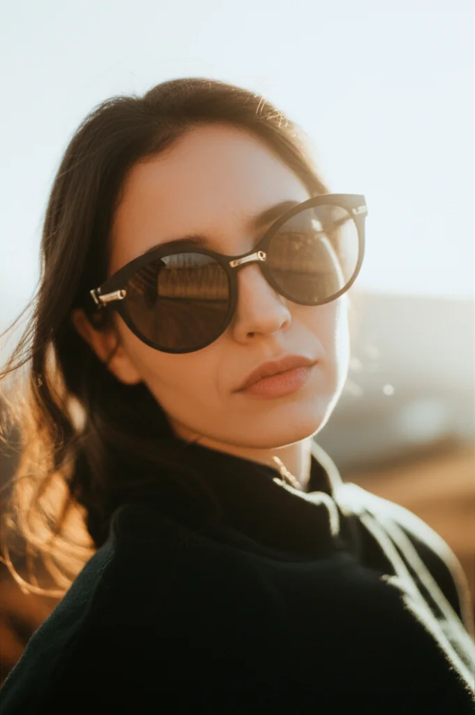 Una persona indossa occhiali da sole protettivi avvolgenti e scuri, con il sole che splende leggermente alle sue spalle, creando un leggero effetto controluce. Il focus è sugli occhiali e sulla loro aderenza al viso. Prime lens, 35mm, depth of field, luce naturale e calda.