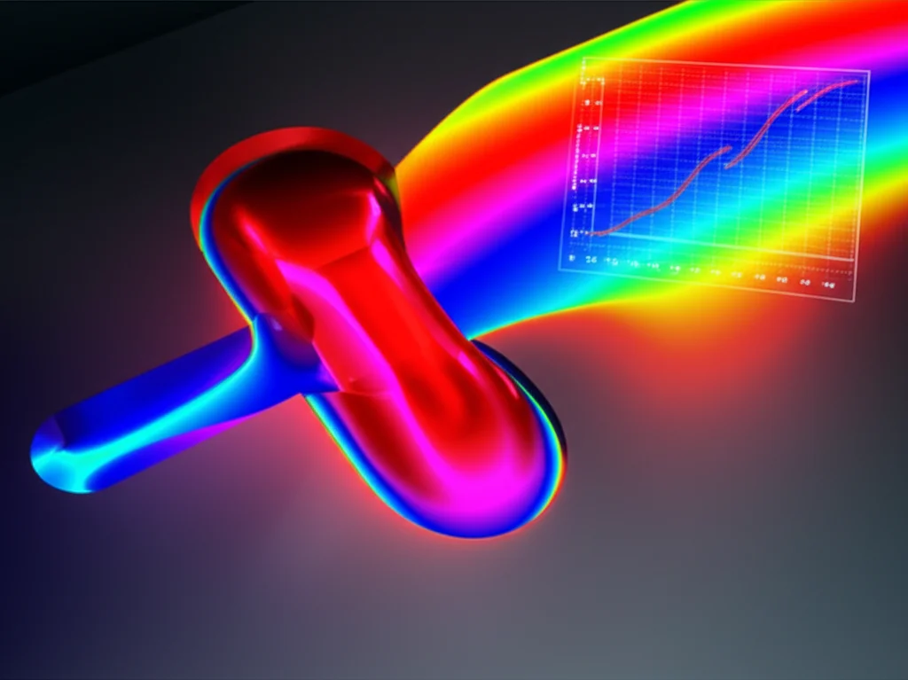 Visualizzazione 3D astratta che mostra il flusso di polimero fuso all'interno di uno stampo per lenti ottiche, con gradienti di colore che indicano la temperatura variabile (caldo al centro, più freddo vicino alle pareti dello stampo). Sovrapposto, un grafico mostra una curva di raffreddamento ottimizzata. Dettagli elevati, illuminazione drammatica, stile rendering tecnico.