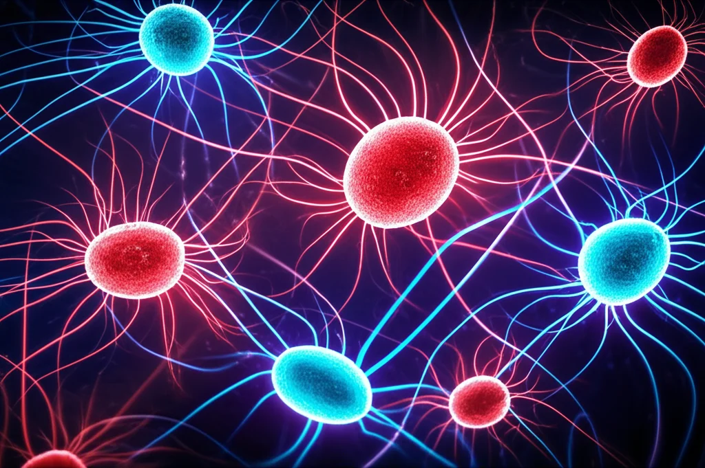 Visualizzazione artistica e fotorealistica di un sistema predatore-preda microscopico dove agenti stilizzati (predatori rossi incandescenti e prede blu luminose) si muovono in un fluido scuro, lasciando scie chimiche interconnesse che si diffondono e brillano debolmente; illuminazione drammatica che evidenzia le scie, obiettivo macro 100mm, alta definizione, effetto 'film noir' con duotono blu profondo e rosso rubino, profondità di campo accentuata.