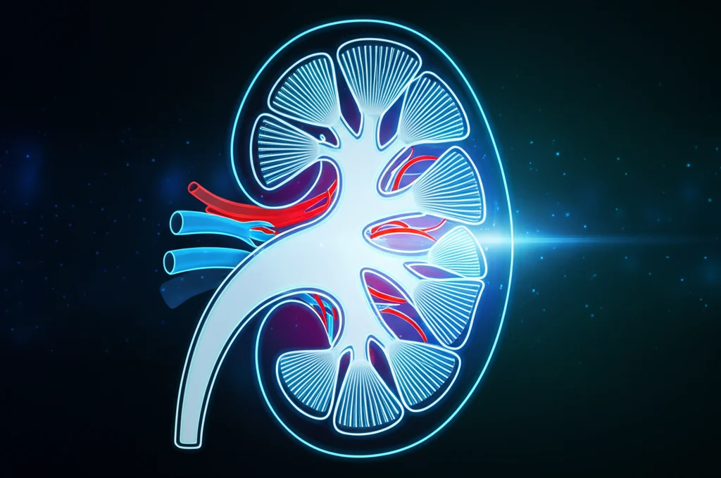 Visualizzazione grafica astratta e high-tech di un rene umano stilizzato, attraversato da linee luminose interconnesse che rappresentano i biomarcatori CRP, NLR e WBC, convergenti in un punto focale che simboleggia il punteggio CKD-INF. Lo sfondo è scuro, con elementi digitali e un'illuminazione drammatica che enfatizza la precisione diagnostica.