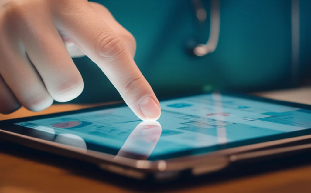 A close-up shot, 60mm macro lens, showing a doctor's hand hovering over a complex EMR interface on a tablet, highlighting detail and precise focusing.