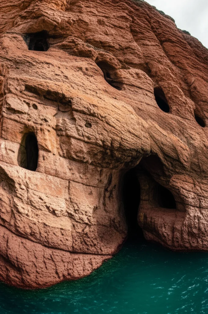 Dramatic wide-angle landscape view of the reddish Balzi Rossi cliff face along the Ligurian coast, showing cave entrances, 10mm wide-angle lens, sharp focus.
