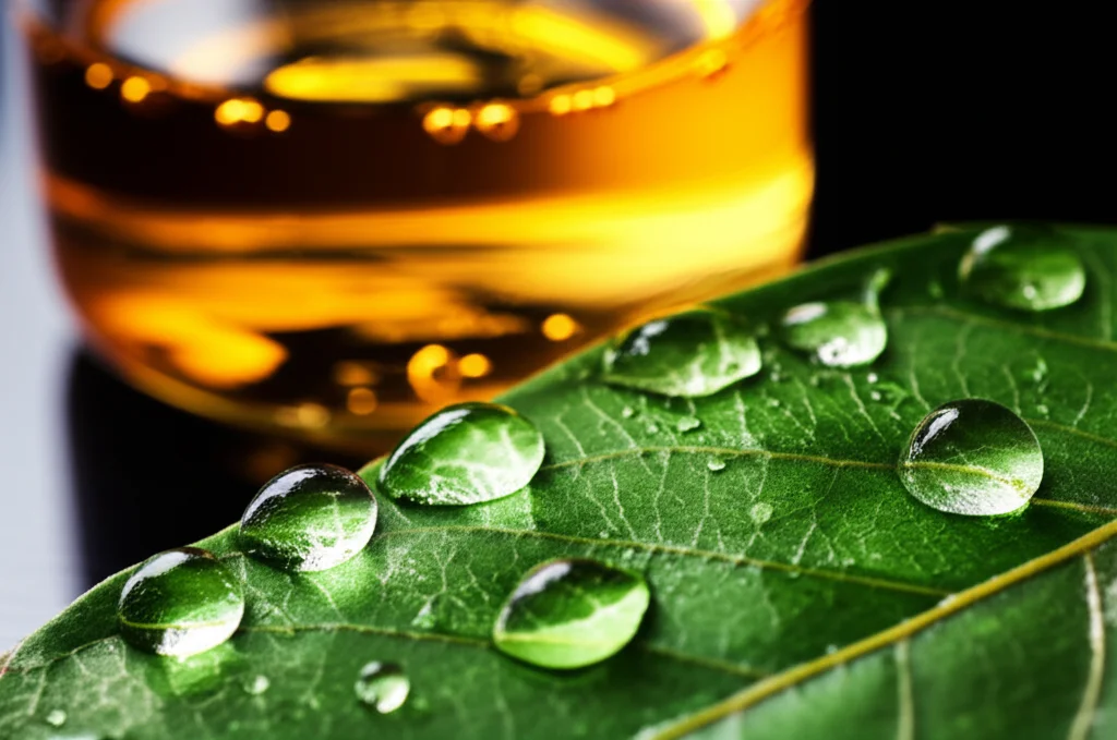 Foglie verdi brillanti della pianta Pterocarpus marsupium in primo piano, con goccioline d'acqua che riflettono la luce, e sullo sfondo sfocato una beuta da laboratorio contenente una soluzione colloidale di nanoparticelle d'argento dal colore bruno-giallastro. Macro lens, 85mm, high detail, precise focusing, controlled lighting, depth of field.