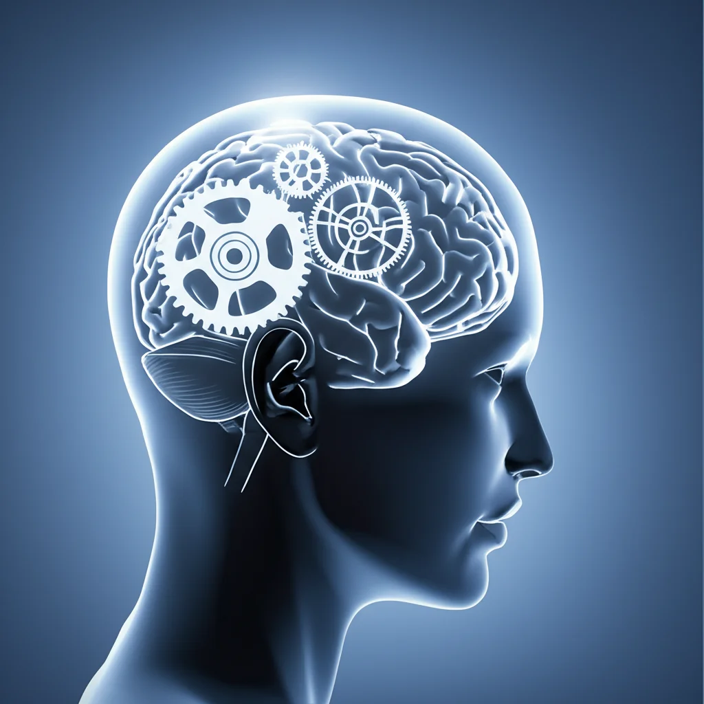 Illustrazione concettuale di una testa umana di profilo, con ingranaggi luminosi nel cervello che simboleggiano l'apprendimento. Un ingranaggio più piccolo e veloce (implicito, associato al cervelletto) e uno più grande e lento (esplicito, associato alla corteccia) sono interconnessi. Prime lens, 35mm, depth of field, duotone blu e grigio, per rappresentare i due tipi di apprendimento del contesto temporale.