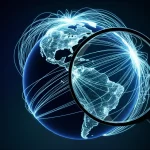 Immagine concettuale di un globo terrestre digitale con linee di dati luminose che lo avvolgono, rappresentando le ricerche internet globali. Una lente d'ingrandimento stilizzata si concentra su un'area specifica, simboleggiando l'analisi dei dati di migrazione. Obiettivo macro 90mm, illuminazione controllata per evidenziare i dettagli delle linee di dati, sfondo scuro per far risaltare la luminosità.