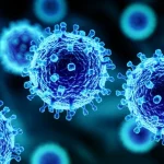 Immagine concettuale di un sistema immunitario che si difende dal virus dell'Epatite B, con anticorpi stilizzati che attaccano particelle virali. Obiettivo macro, 100mm, illuminazione drammatica per evidenziare la lotta, sfondo scuro.
