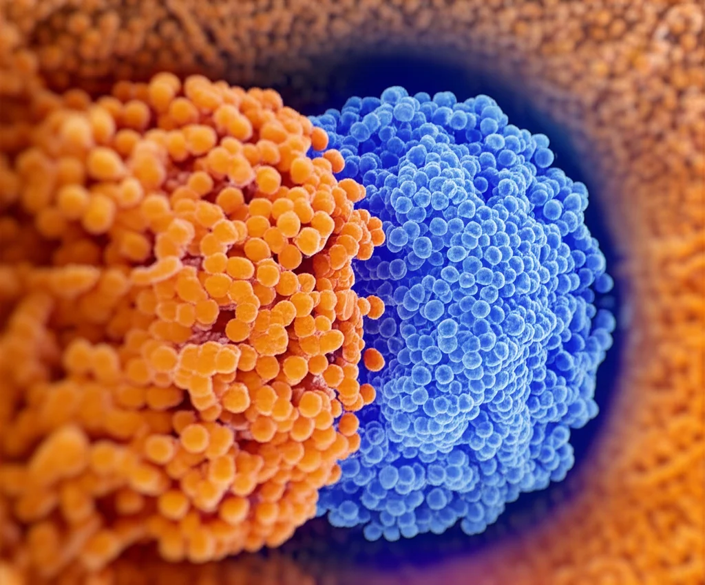 Immagine concettuale fotorealistica di cellule staminali mesenchimali modificate geneticamente con la proteina DSUP (visualizzata come uno scudo energetico traslucido e protettivo) che circondano e difendono cellule staminali ematopoietiche vulnerabili da fasci di radiazioni ionizzanti (raggi luminosi intensi). Profondità di campo, obiettivo prime 35mm, illuminazione drammatica con contrasto tra aree protette e danneggiate.