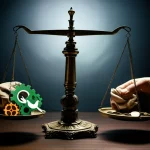 Immagine concettuale fotorealistica: una bilancia della giustizia antica, in ottone leggermente ossidato, è visibilmente sbilanciata. Su un piatto ci sono simboli luminosi e colorati degli SDGs (una foglia verde stilizzata, un ingranaggio, una colomba della pace). Sull'altro piatto, più pesante e in ombra, ci sono banconote stropicciate, monete scure e una mano ombra che offre una busta. Obiettivo 50mm, profondità di campo ridotta che mette a fuoco la bilancia, sfondo scuro e leggermente nebbioso, illuminazione drammatica dall'alto che crea forti contrasti.
