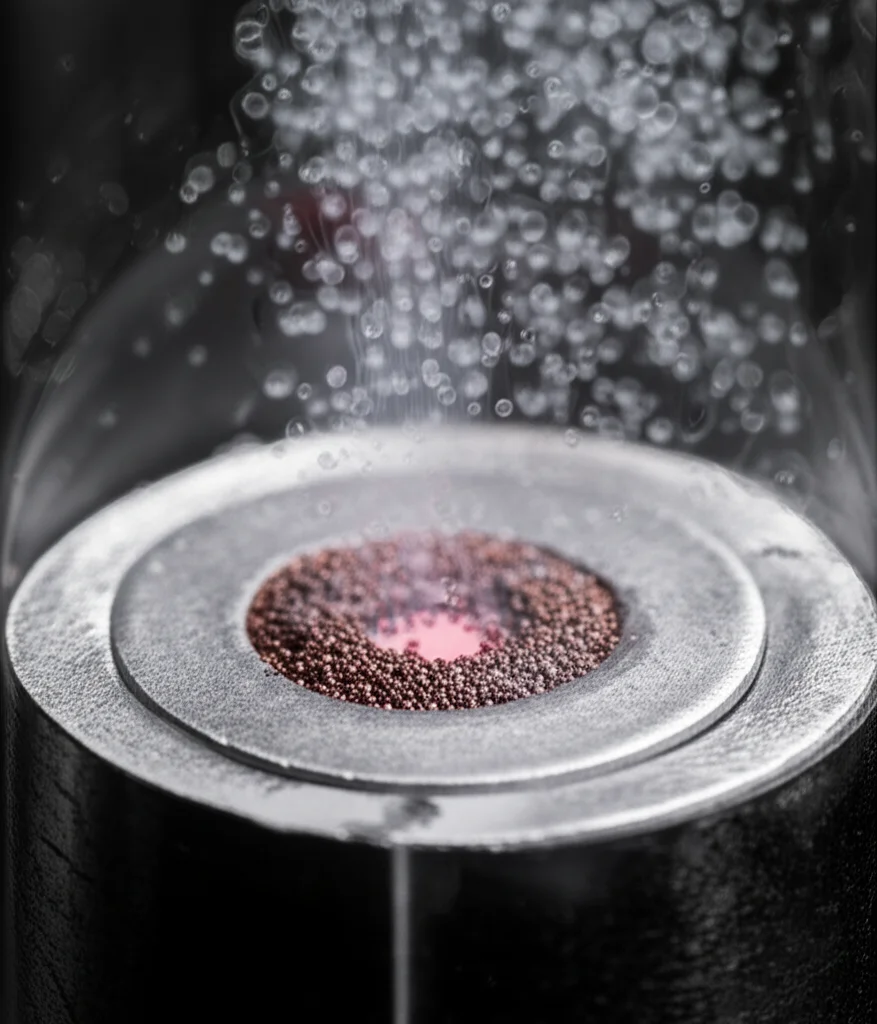 Immagine macrofotografica di un crogiolo di tantalio riscaldato all'interno di un tubo di quarzo, con vapori che si separano. Dettaglio elevato, illuminazione controllata, obiettivo macro 100mm, focus preciso sulla superficie del crogiolo e sui vapori in condensazione, evocando la separazione gas-fase di isotopi.