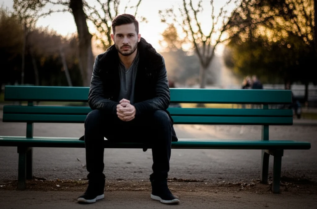Immagine simbolica di un giovane seduto da solo su una panchina in un parco leggermente sfocato, guardando lontano con espressione riflessiva, luce del tardo pomeriggio, obiettivo 50mm, profondità di campo media, per rappresentare i sintomi internalizzanti e la riflessione sui fattori cognitivi.