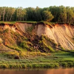 Landscape wide angle 10mm, una drammatica inquadratura di una valle fluviale in Minnesota recentemente interessata da una frana, che mostra terra esposta, alberi caduti e i sedimenti glaciali non consolidati, con il fiume che scorre sotto, messa a fuoco nitida, forse durante l'ora d'oro per un'illuminazione suggestiva.
