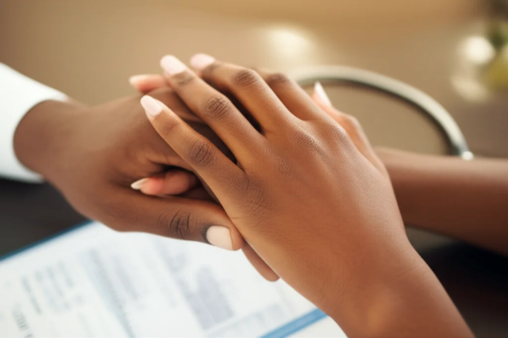 Primo piano di due mani che si stringono delicatamente, una maschile e una femminile, di etnia africana, simboleggiando l'unione e la cura, con sullo sfondo sfocato un certificato medico o un referto di screening genetico. Macro lens, 85mm, high detail, luce soffusa e calda che illumina le mani, evocando speranza e responsabilità condivisa in un contesto di pianificazione familiare.