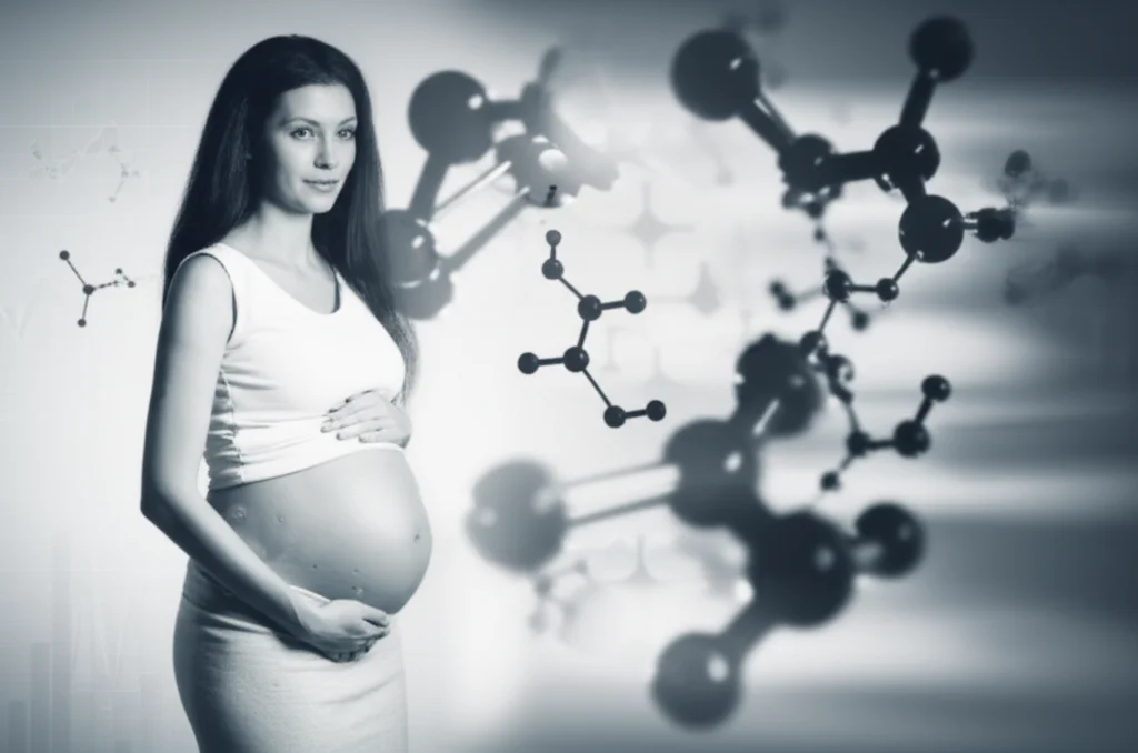 Primo piano di una donna incinta che tiene delicatamente il suo pancione, con un'espressione serena ma riflessiva. Sullo sfondo, sfocati, elementi che richiamano la ricerca scientifica, come grafici e molecole. L'illuminazione è morbida e naturale, creando un'atmosfera intima. Prime lens, 35mm, depth of field, film noir style per un contrasto elegante.